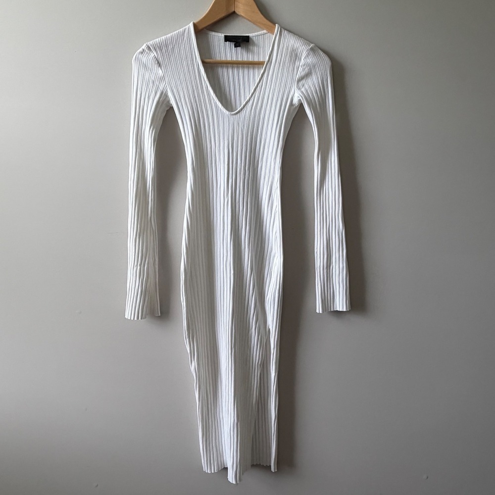 Michael Costello x REVOLVE White Ribbed Knit V-Neck Side Slit Midi Dress XXS